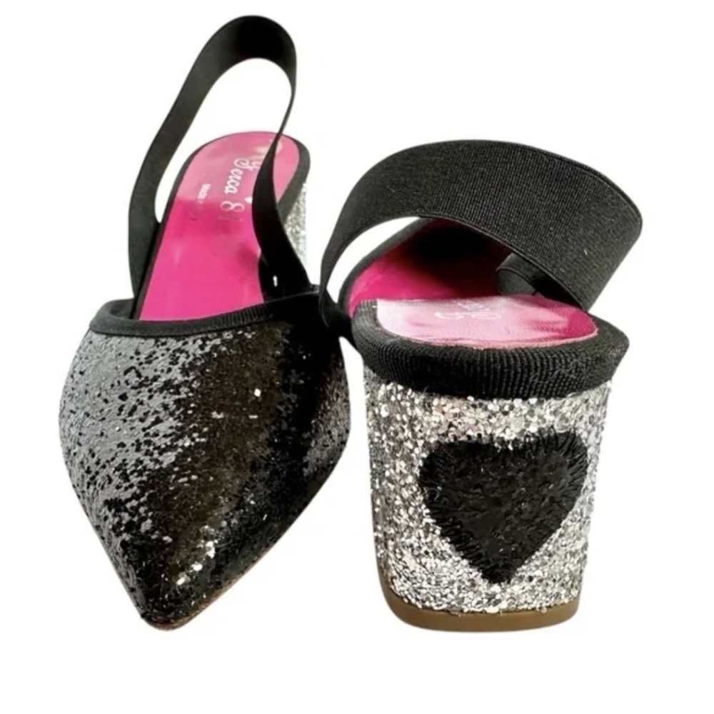 Italian Ferca 81 glam sparkle block heel with heart design.
